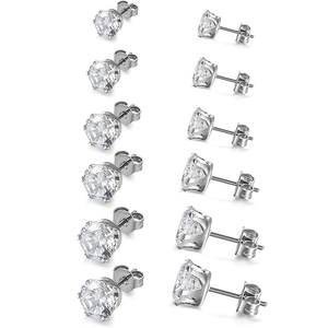 Titanium steel stud earrings set with six-prong cubic zirconia stones in varying sizes