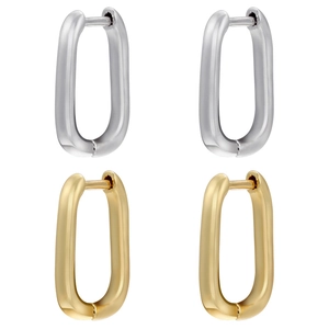 Detail view of oval U-shaped hoop earrings in polished gold and silver metallic finishes