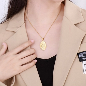 Virgin Mary Jesus Pendant Necklace Stainless Steel Oval Relief Mother And Child Religious Jewelry Mothers Day Gift