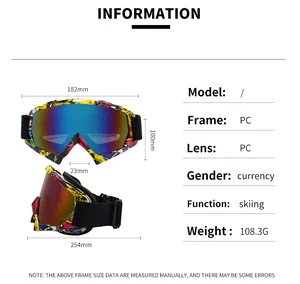 Detailed size chart for skiing goggles showing frame dimensions and PC lens specs