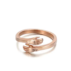 Hugging Hands Ring Stainless Steel Adjustable Open Band Minimalist Finger Jewelry For Women Romantic Gift