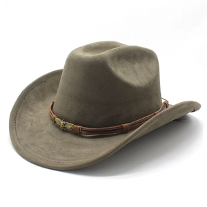 Cappello da cowboy in lana verde oliva con fibbia a teschio e nastro in pelle vintage