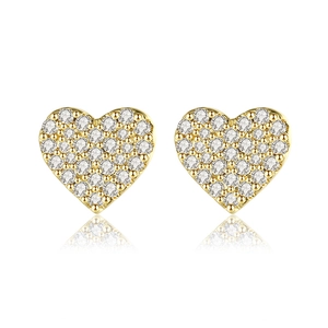 Elegant gold heart stud earrings with sparkling pave-set zircons on white background