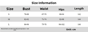 Detailed size chart with bust, waist, hips and length for the slim fit summer maxi dress