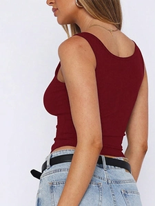 Slim fit burgundy button vest top showing back and side view on studio model