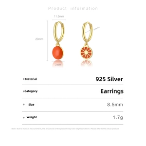 Detail view of S925 silver orange fruit earrings with dimensions and product specifications