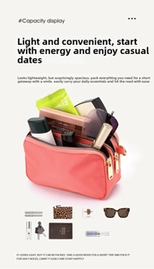 Three-layer zipper compartments of the coral pink nylon bag showing high capacity storage