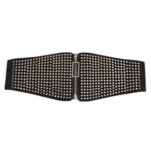 Wide black elastic corset belt with silver metal studs and front zipper closure