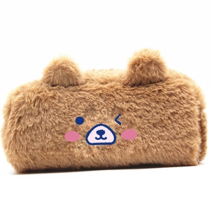Cute brown plush bear pencil case with large capacity and fluffy 3D ears on white background