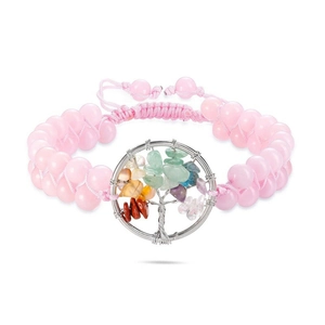 Detail of tree of life charm on woven pink crystal beads with colorful natural stones