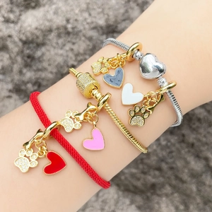 Bracelet À Charme Cœur Patte Cuivre Plaqué Or 18K Émail Zircon Chaîne Serpent Corde Tressée Bijoux Mode DIY Pour Femmes