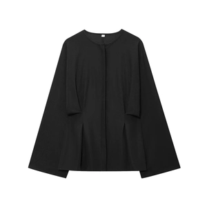 Close-up of black long-sleeve round neck shirt featuring waist pleats on white background
