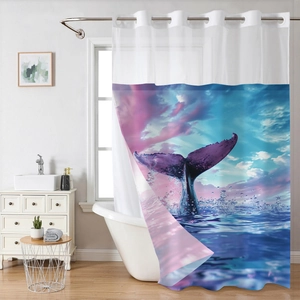 Detailed view of waterproof shower curtain featuring a whale tail and ocean art design