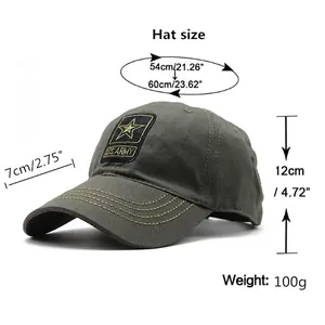 Army green camo baseball cap with US Army patch showing size measurements and head circumference