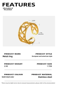Detail view of gold stainless steel ring with hollow heart pattern and dimensions