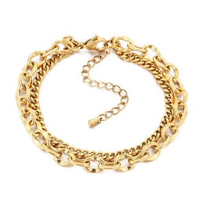 Golden double layer mixed chain bracelet with chunky links and lobster clasp for women