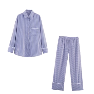 Chemise À Manches Longues Rayée Et Pantalon Femme Popeline Rayures Contrastées Décontracté Chic