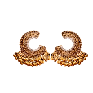 Vintage gold floral Jhumka earrings with white rhinestones and tassel beads for women