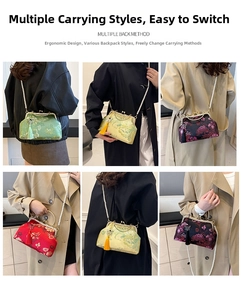 Detail showing various ways to wear the Chinese style floral embroidery bag with pearl chain