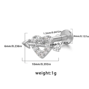 Detailed macro view of heart arrow labret stud with 1.2mm gauge and 8mm length size specs