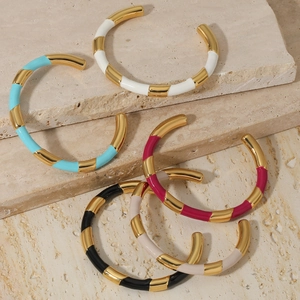 Fashionable stainless steel open bracelets with colorful enamel inlay in macaron tones