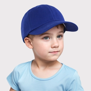 Detailed view of kids blue cotton twill baseball cap with curved brim on model