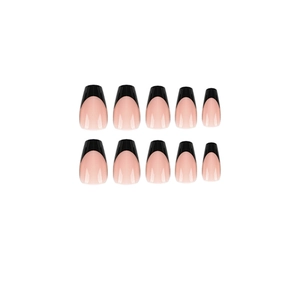 Classic black French tip press-on nails in medium coffin shape with a nude base