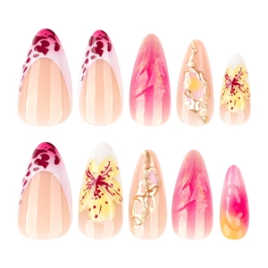French leopard gradient press-on nails with 3D floral accents and almond shape
