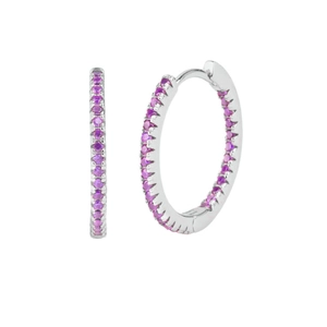 Macro detail of S925 silver hoop earrings with inlaid purple zircon stones