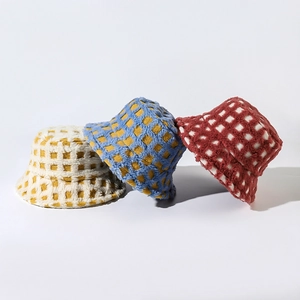 Classic plaid checkered plush bucket hat for winter available in yellow, blue and red