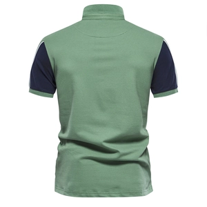 Men's casual short-sleeve polo shirt in bean green with navy color block sleeves