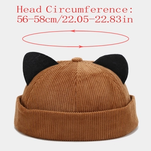 Detailed view of brown corduroy docker hat with cat ears and 56-58cm head circumference
