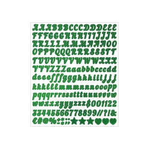 Close-up of glitter forest green alphabet stickers including numbers and symbols