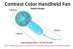 Handheld mini fan dimensions showing 7.6cm head diameter and 15cm total product length