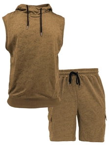 Detailed macro view of the brown hooded sleeveless vest and textured drawstring shorts set