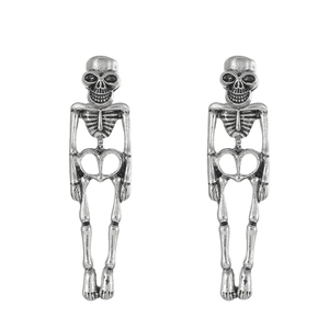 Gothic punk skeleton drop earrings in vintage silver finish on a clean white background