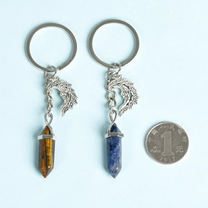 Natural tiger eye and lapis lazuli hexagonal stone keychains with crescent moon charms