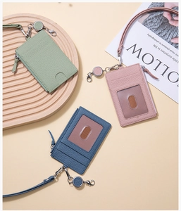 Leather ID card holders in Morandi tones with retractable lanyard and zipper pocket
