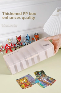 Close-up of translucent PP card storage box with dividers and frosted lid texture