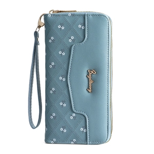 Blue quilted long wallet for women with floral pattern and secure wrist strap