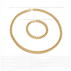 Macro view of gold stainless steel Cuban link chain necklace and bracelet jewelry set