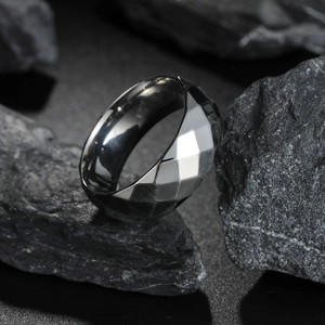 8mm faceted silver stainless steel ring for men with minimalist geometric industrial design