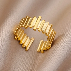 Detailed macro view of 18k gold plated stainless steel ring with vertical striped texture