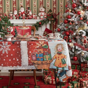 Christmas tablecloth with red snowflake pattern and girl illustration for festive dining decor