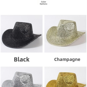Detailed color selection showing glitter cowboy hats in black, silver, and gold