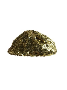 Close-up of shiny gold sequins on a stylish women's beret hat for evening parties
