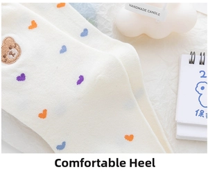 Close-up of white cotton socks featuring bear embroidery and comfort heel detail