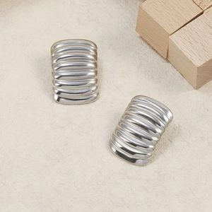 Silver wavy rectangle earrings in stainless steel with polished metallic surface texture