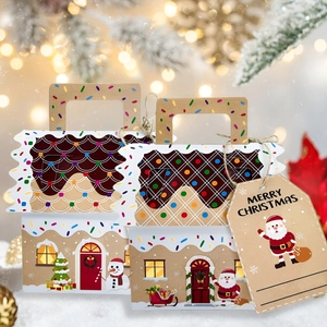 Christmas gingerbread house gift boxes with Santa and snowman patterns for candy packaging
