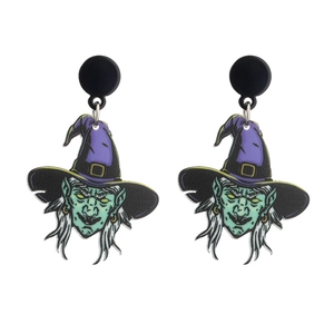 Halloween purple witch hat and green face acrylic drop earrings on a white background